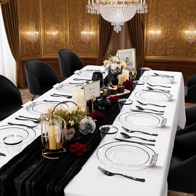 LIYH 700 Pcs Clear Black Plastic Dinnerware Set for 100 Guests, Disposable Plastic Wavy Black Plates for Party Include Dinner & Dessert Plates, Napkins, Cups, Cutlery for New Years Day