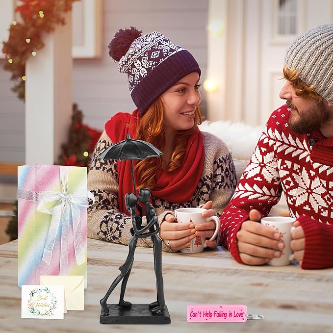 Anniversary for Couple/Her, Affectionate Couple Statue Kissing Under Umbrella, Handcrafted Cast Iron Sculpture in Love, for Wedding Gifts 6th Anniversary Valentines Gifts for Her Him