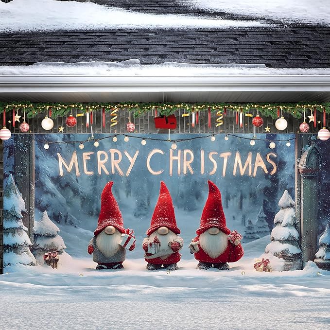 Christmas Garage Door Banner 7x16FT, Cute Christmas Gnomes Garage Door Cover, Large Outdoor Holiday Garage Decoration for Driveway, Porch and Winter Party Backdrop