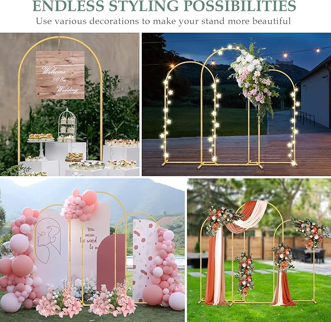 Wedding Arch Backdrop Stand 6FT, 5FT, 4FT Set of 3 Metal Gold Balloon Arch kit Stand for Ceremony Baby Shower Valentine Engagement Party Event Decoration, Garden Climbing Plant Fram