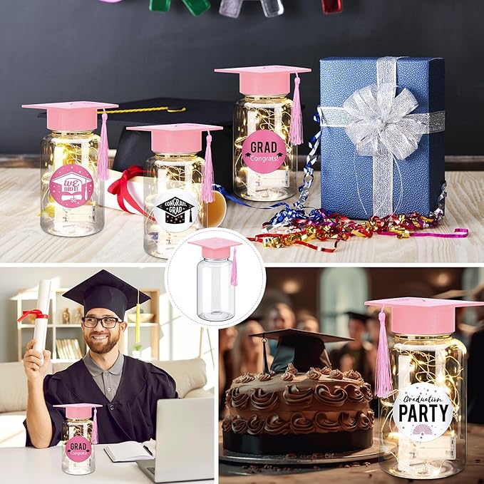 Boao 16 Sets Graduation Table Decoration Set with LED Light up Graduation Decorations for Class of 2026, Grad Jar, Felt Grad Hat and Stickers for High School College(Pink)