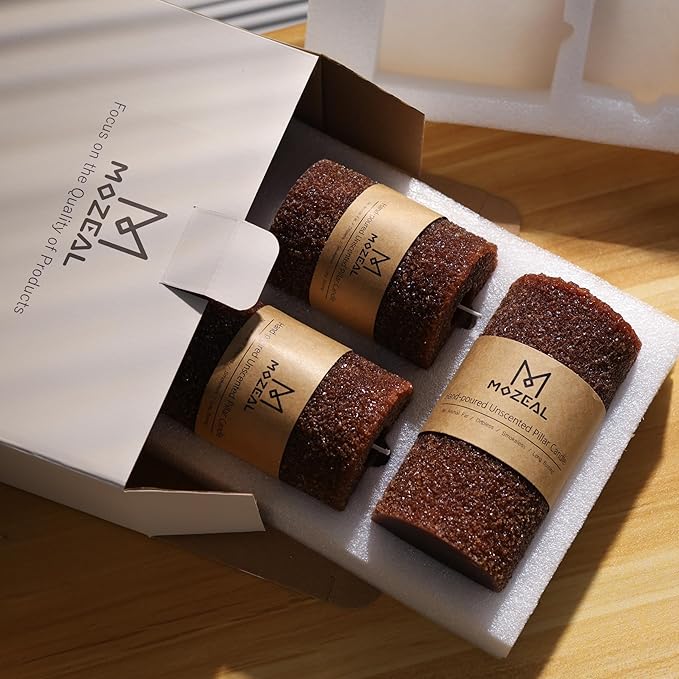 MOZEAL Hand-Poured Granular Texture Decorative Brown Pillar Candles Set of 3 (3"x4", 5", 6"), Dripless, Unscented, Smokeless, for Rustic Farmhouse, Cozy Winter & Warm Earthy Home Décor