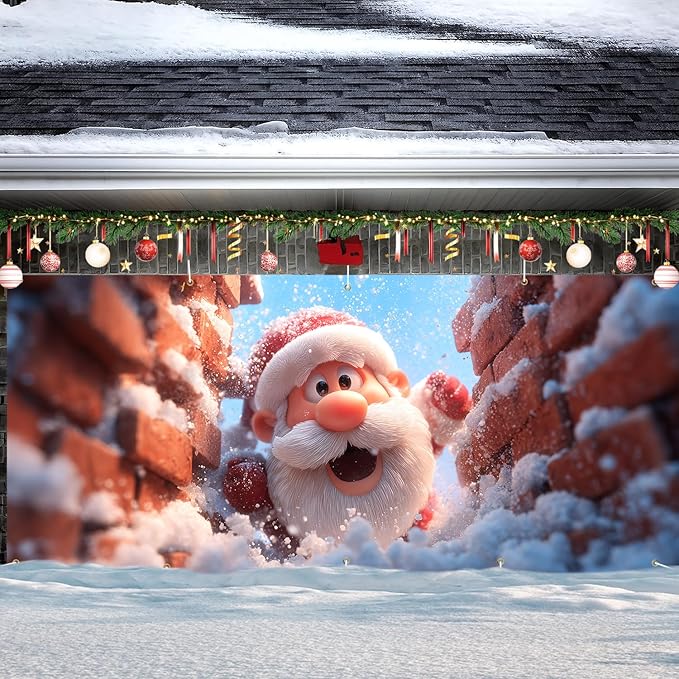 Santa Claus Christmas Garage Door Banner 7x16FT, Holiday Decoration for Garage Doors, Outdoor Xmas Scene with Santa and Snowfall, Large Garage Cover for Christmas