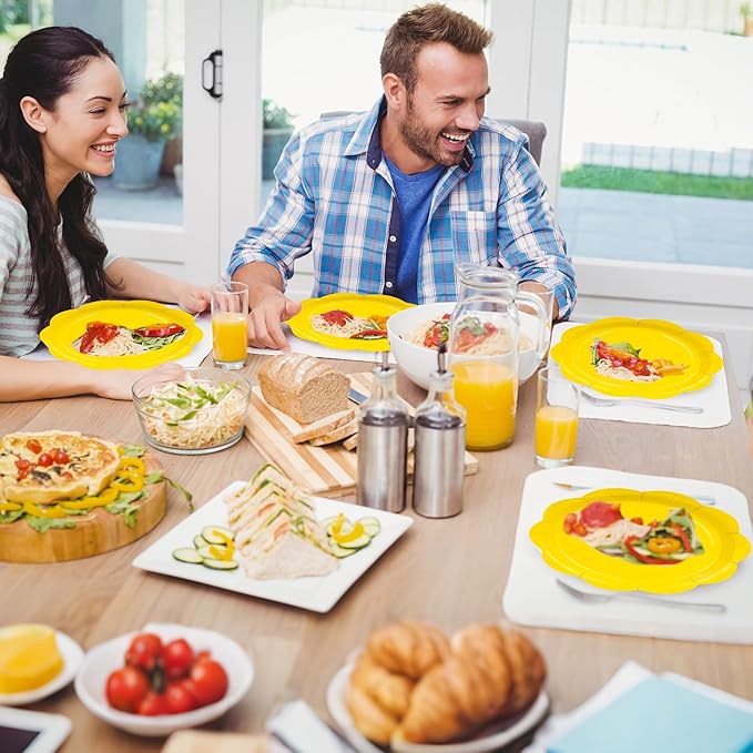 96 Pcs Yellow Paper Plates and Napkins Set Party Supplies, Tableware set for 24 Guest include Disposable Yellow Scalloped Plates, Napkins and Forks for Baby Shower Picnic Wedding Easter