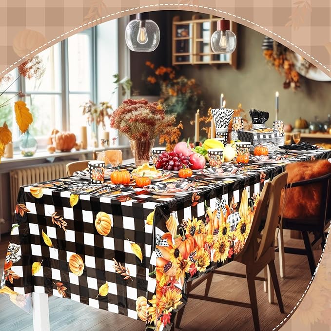 452 Pcs Fall Thanksgiving Party Decorations, Black White Buffalo Plaid and Orange Pumpkin Maple Leaves Paper Plates Napkins Cups Tablecloth Cutlery Straws for Autumn Harvest Party Supplies