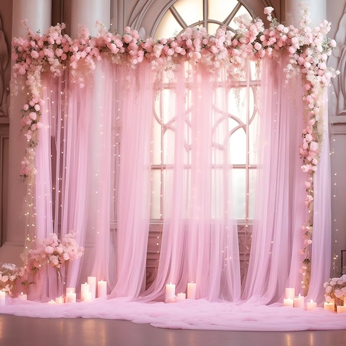 20x8ft Baby Pink Tulle Backdrop Curtain with Lights String for Parites, Sheer Photo Backdrop Curtains with Lights for Wedding Backdrop Ceremony Reception Bridal Shower Baby Shower Birthday Party