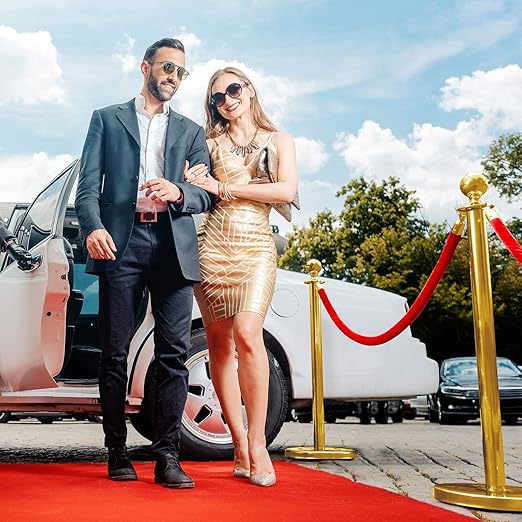 Ferraycle 6 Pcs 2025 Prom Stainless Steel Stanchion 5 ft Velvet Carpet Ropes and Pole Crowd Control Barriers Grand Opening Casino Movie Theme Party 360 Photo Booth Accessories (Gold)