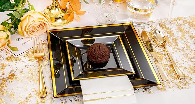 Festiva 350Pcs Black and Gold Plastic Plates-50Guests Disposable Square Black Dinnerware Set include 100 Plastic Plates,50Cups,150Plastic Cutlery,50Napkins for Party &Wedding&New Year