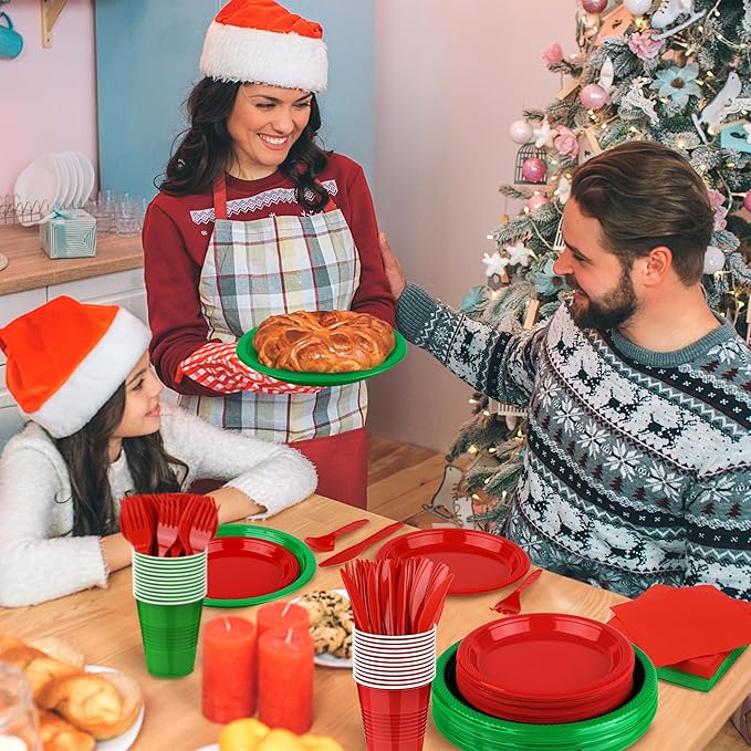 Aodaer 400 Pieces Christmas Party Supplies Red Green Plastic Dinnerware Include Plates Cups Knives Forks Spoons Paper Napkins for Christmas Birthday Wedding Parties, Serve 50 Guests
