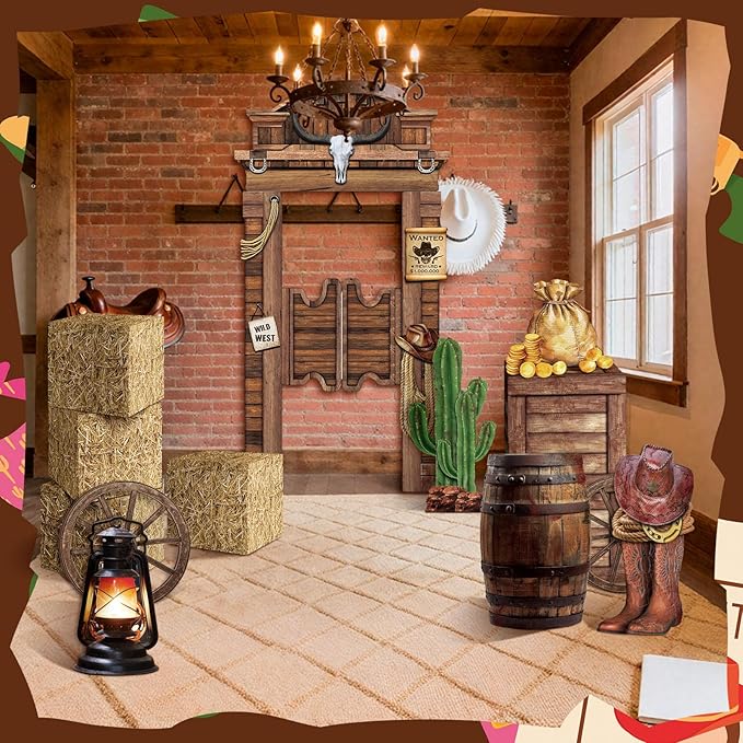 15 Pcs Western Cowboy Party Decorations Cowboy Backdrop 4 Hay Bales Boxes 2 Wooden Print Boxes 2 Wooden Wagon Wheels 5 Western Centerpieces for Photo Booth Props Cowgirl Birthday
