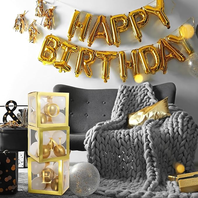 Thyle 12 Pcs Transparent Balloon Boxes Clear Balloon Boxes with 99 Letters for Baby Shower Gender Reveal Grad Birthday Party Bridal Wedding Anniversary Backdrop Decoration (Gold)