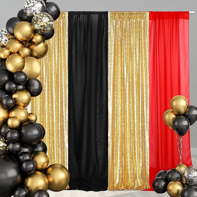 Red Black Gold 7 Pcs Movie Night Sequin Backdrop Curtains 2ft x 8ft Photo Background Curtain Stage Door Entrance Runner Cover for New Year Movie Night Theme Party Wedding Birthday Decor