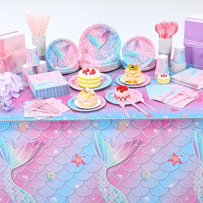 452 Pcs Mermaid Party Decorations Include Sea Mermaid Paper Plates Napkins Cups Tablecloth Cutlery Straws Ocean Tableware for Baby Shower Birthday Party Supplies