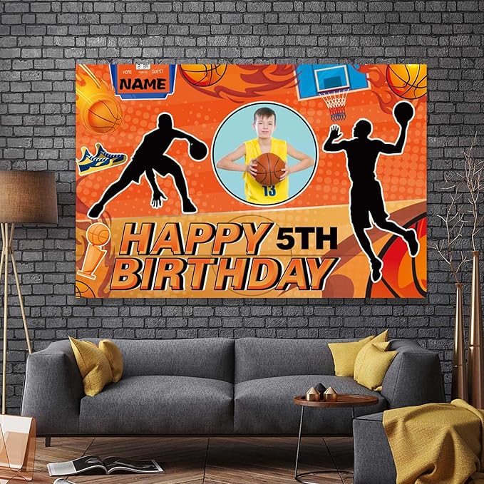 Custom Basketball Sports Happy Birthday Party Decorations Supplies Personalized Basketball Sports Birthday Backdrop Banner(6x9ft)