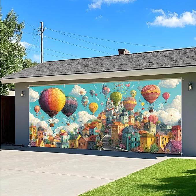 Hot Air Balloon Fantasy Garage Door Banner 7x16FT, Colorful Balloon & Sky City Garage Door Cover, Vibrant Outdoor Decoration for Spring & Summer