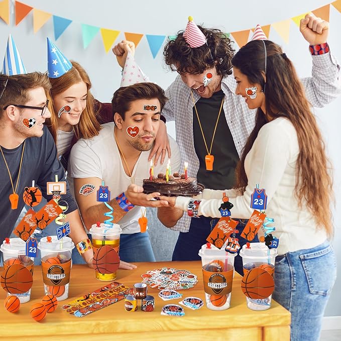 Party Favors Set with Cup Straw Cup Sleeve Bouncy Ball Mini Pinball Machine Keychain Sticker Clap Bracelet Tag for Sport Reward Birthday Gift Party Supplies(195 Pcs,Basketball)