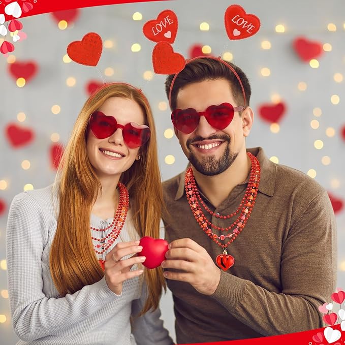 Kanayu 108 Pcs Valentines Day Accessories 36 Valentines Heart Headbands 36 Heart Shaped Sunglasses 36 Bead Necklaces for Valentine Party Favors Supplies Bachelorette Decorations(Red)