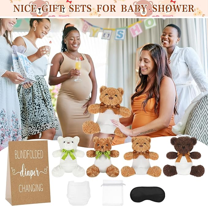 6 Set Bear Blindfolded Diaper Changing Baby Shower Games with Blindfold Changing 12 Inch Bear Dolls Diapers Gift Bags for Baby Shower Gender Reveal Raffle Party Game