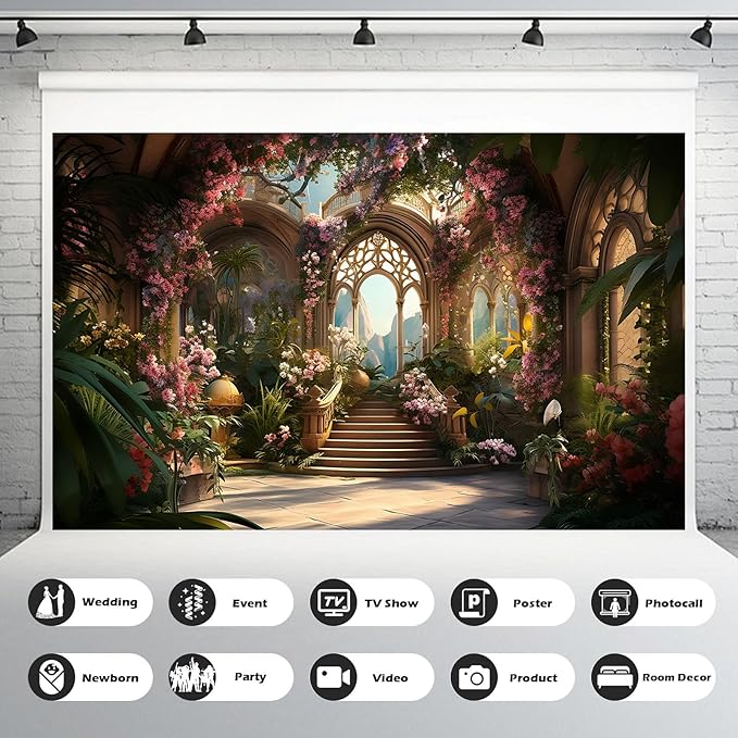 Scenery Photography Backdrop Blooming Flowers Background Garden Arched Door Wedding Bridal Shower Engaged Theme Party Background Lover Adult Wedding Photo Studio Props Backdrop 20x10ft