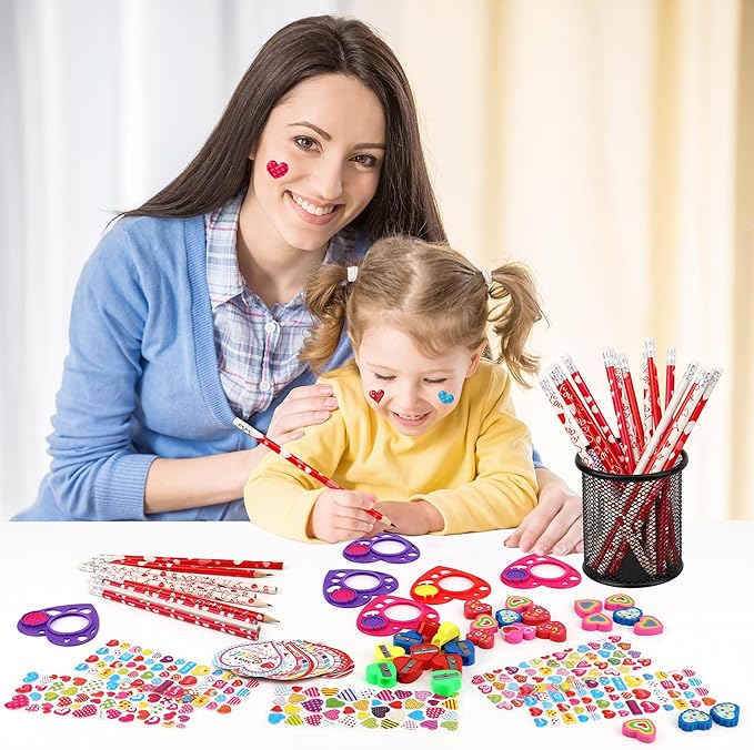 POPGIFTU Valentine Classroom Exchange Gifts for Kids – 28 Pack Lollipop-Shaped Stationery with Cards, Pencils, Erasers, Rulers & Stickers for Boys and Girls, Party Favors for School