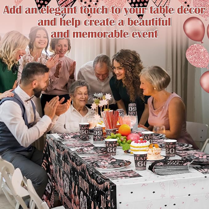 452 Pcs 60th Birthday Decorations for Women Black and Rose Gold 60th Birthday Paper Plates Cups Napkins Tablecloth Cutlery Straws for Girls Women 60 Year Old Party Supplies for 50 Guests