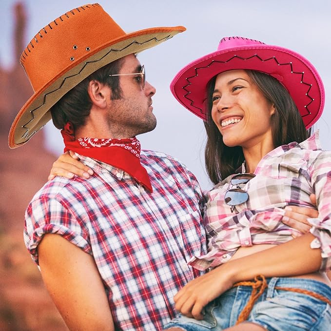 Coume 10 Set Cowboy Hat and Bandana for Women Men 10 Felt Cowgirl Cowboy Hat Bulk 10 Western Bandanas for Adult Costume Party