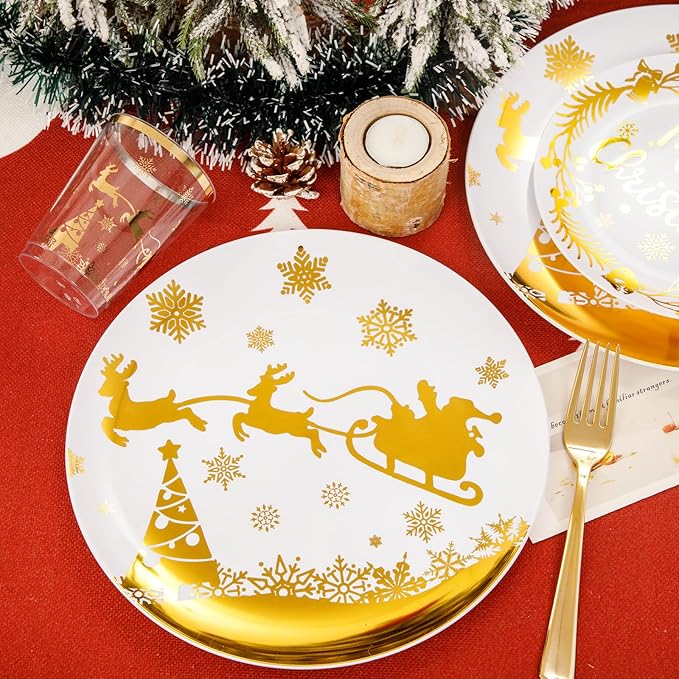 Supernal 150pcs Christmas Plates, Christmas Plastic Dinnerware include Gold Plastic Plates,Gold Disposable Silverware, Disposable Cups, Xmas Party Plate for 25 Guests