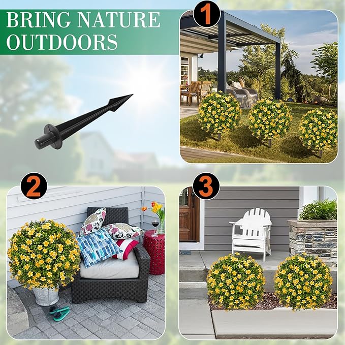 25" Artificial Boxwood Topiary Ball Fall Autumn Tree with Yellow Flowers,Fake Mums Plants with Ground Spike,Set of 2 UV Resistant Faux Bushes, Faux Shrubs for Garden, Patio, Porch, Yard, Indoor