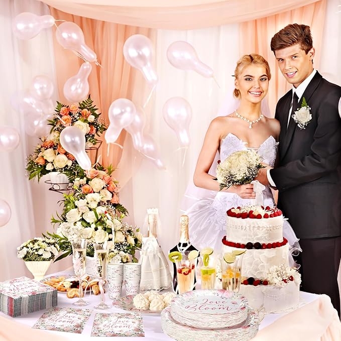 Zhehao 250 Pcs Love in Bloom Bridal Shower Plates Napkins Sets 50 Pcs 9'' Dinner Plates and 7'' Dessert Plate and 9oz Cups 100 Napkins Serves 50 Party Supplies Bridal Shower Engagement Decoration