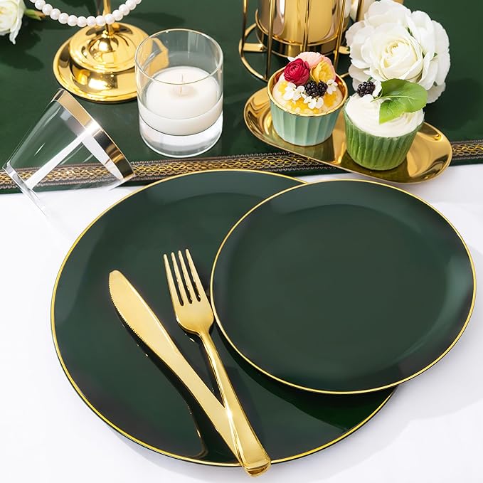 NOCCUR 350PCS Green Plastic Plates - Disposable Green Gold Dinnerware Set for 50 Guests, 100 Dinner/Dessert Plates, 150 Gold Silverware, 50 Cups&50 Napkins for Party/Wedding