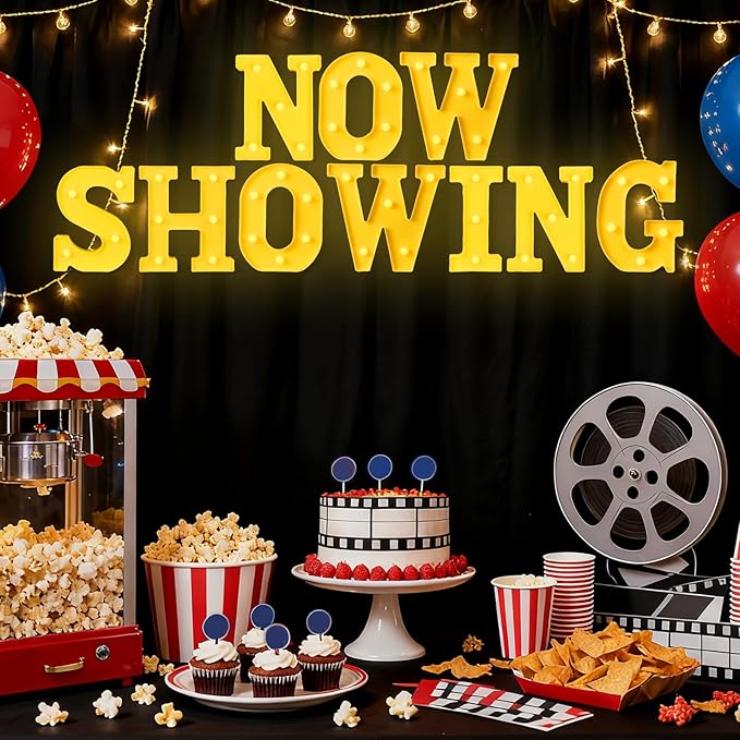 Honoson 10 Pcs Movie Night Party Decorations Now Showing Light up Sign LED Neon Sign Table Decor for Home Movie Room Film Room Camera Action Party Supplies