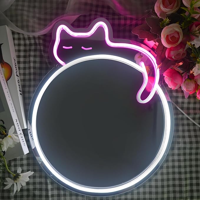 jXIN Cat Neon Signs Mirror 16.53"x13.38" USB Powered with Dimmer LED Cute Neon Light for Wall Room Decor Bedroom Living Room Party Studio Shop Birthday Gifts for Girls