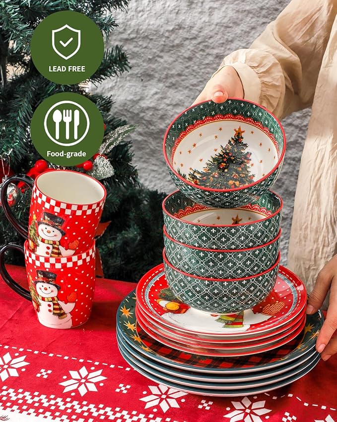 Hasense Dinnerware Set of 4, Ceramic Holiday Plates and Bowls Sets with Mugs, 16 Pieces Chip & Scratch Resistant Party Serving Dishes for New Year Gift, Microwave and Dishwasher Safe