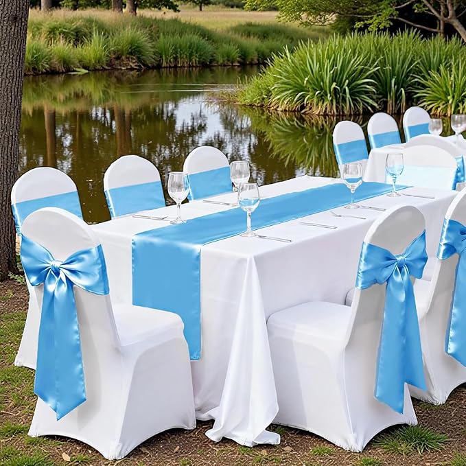 VDS Satin Chair Sashes Chair Cover Back Tie Sateen Bows Ribbon for Wedding Birthday Graduation Engagement Ceremony Event Party Banquet Venue Hotel All Dining Chair Decoration (300PC) (Baby Blue)