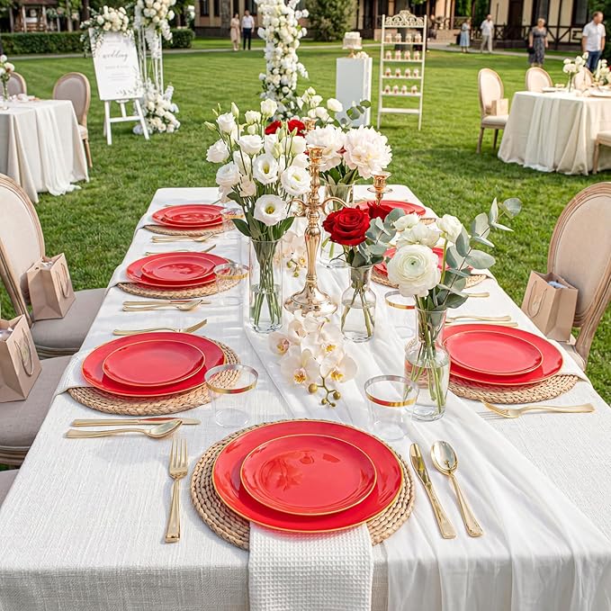 WDF 300Pcs Red Disposable Plates - Red Plastic Plates - 50guest Disposable Dinnerware Include 50 Dinner Plate, 50 Dessert Plate, 150 Cutlery & 50 9oz Cups for Valentine's Day & Parties