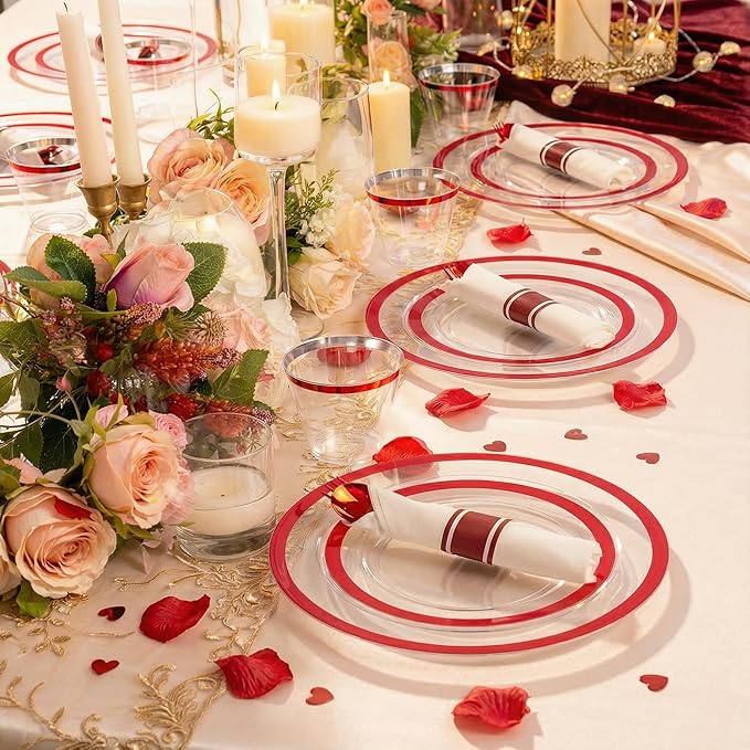 I00000 210 Pcs Red Plates Set,Clear and Red Plastic Plate Include 60 Plates,30 Cups,30 Rolled Napkins with Plastic Cutlery for Wedding & Valentine's Day