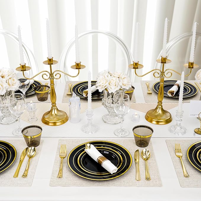 350 PCS Black Plastic Dinnerware Set for 50 Guests, 100 Disposable Plates for Party, 50 Pre Rolled Napkins with Gold Silverware, 50 Cups for Graduation