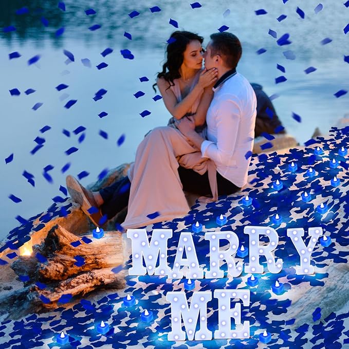 Hortsun Marry Me Light up Letters Proposal Decorations Will You Marry Me Sign Rose Petals 24 LED Candles Romantic Night Light for Proposal Engagement Wedding Anniversary Valentine's Day(Blue)