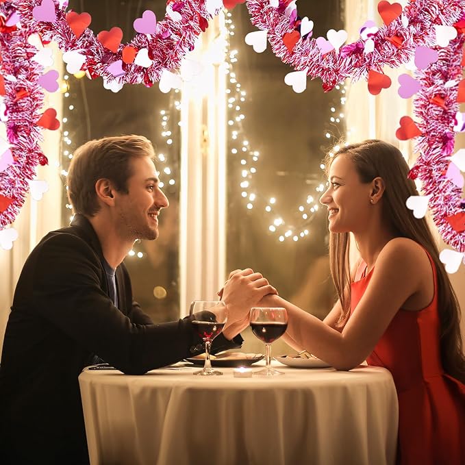 196 FT Valentines Heart Tinsel Garland, Valentine's Day Red Pink White Metallic Twist Garland for Home Wedding Party Hanging Decorations