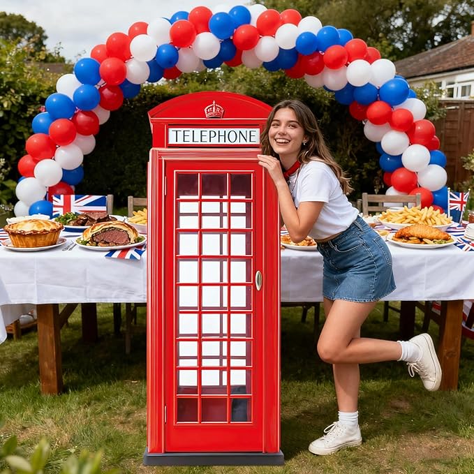 6 Ft Red British Phone Booth Cardboard Cutout English Telephone Booth Stand up Cutout Life Size Classic Red Telephone Box Prop for British Theme Birthday Party Graduation Office Event Decor