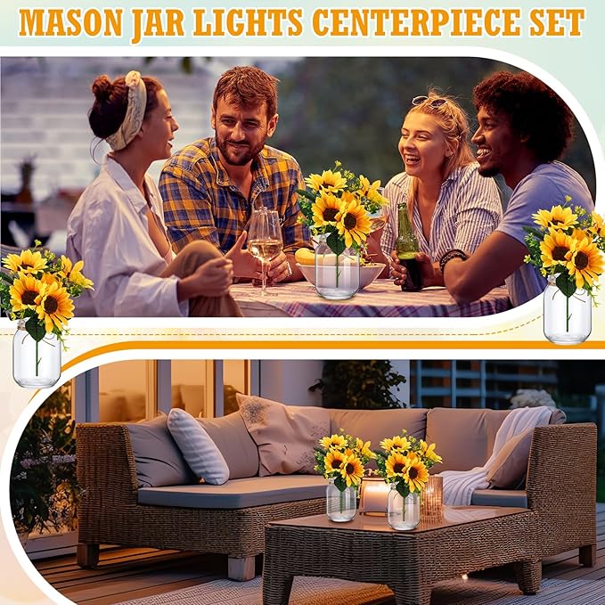 XunYee 10 Set Mason Jar Table Centerpiece with Flower Mason Jar Flower Centerpiece Vases Decor for Engagement Party Bridal Shower Centerpieces Wedding Reception Table Decor(Sunflower)