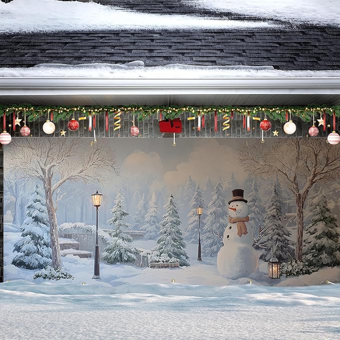 Garage Door Banner 7x16FT, Winter Snow Park & Snowman Garage Door Cover, Large Outdoor Xmas Decoration for Double Garage, Yard, Fence & Holiday Parties