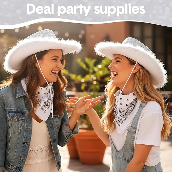 Coume 12 Pcs Sparkly Adults Cowboy Hat and Bandanas Women Men Western Glitter Cowgirl Party Hats with Adjustable Drawstring