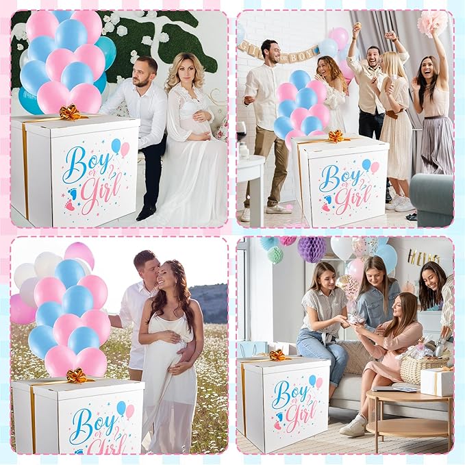 28 Inches Extra Large Gender Reveal Gift Box Kit with Oversized One Sided Printing Box Giant Pull Bows Balloon Ribbon for Gender Reveal Baby Shower Birthday Party Decor Supplies Not for Heavy-Duty