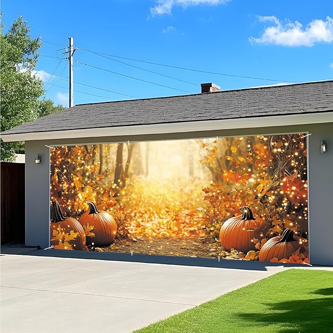 ANNA QUEEN Autumn Glow Pumpkin Garage Door Banner 6 x 13FT, Fall Forest Path with Lights for Spring Easter Parties Christian Home Decor, Outdoor Garage Decoration for Halloween Parties Home Decor
