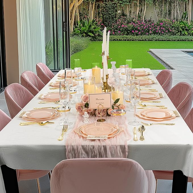 350 PCS Pink and Gold Plastic Plates, Gold Disposable Plates for 50 Guests, Includes 100 Disposable Plates, 50 Cups, 150 Silverwares, and 50 Napkins for Party, Wedding and Graduation