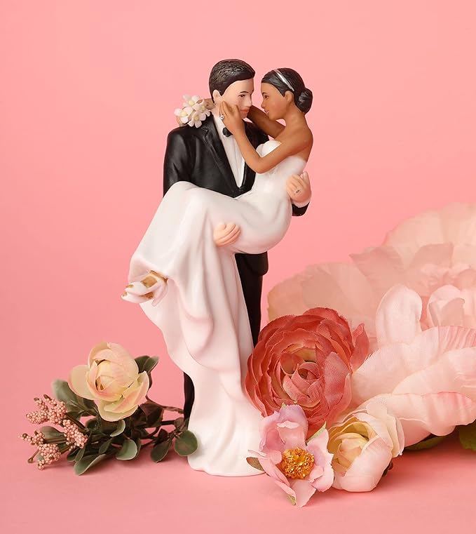 Wedding Collectibles Interracial Wedding Cake Toppers Bride and Groom | Caucasian Groom Holding African American Bride | Unique Interracial Cake Topper Figurine | Fine Porcelain | 6 Inches