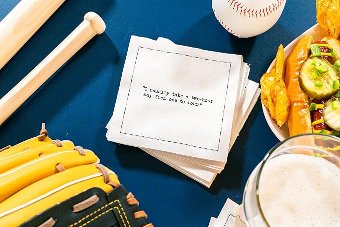 Five Star Funny Yogi Berra Quotes | White Cotton Cocktail Napkins | 50 Luxury Disposable Beverage Napkins with Witty Bar Quotes | Drink Napkins for Parties, Bars, Weddings & Game Nights