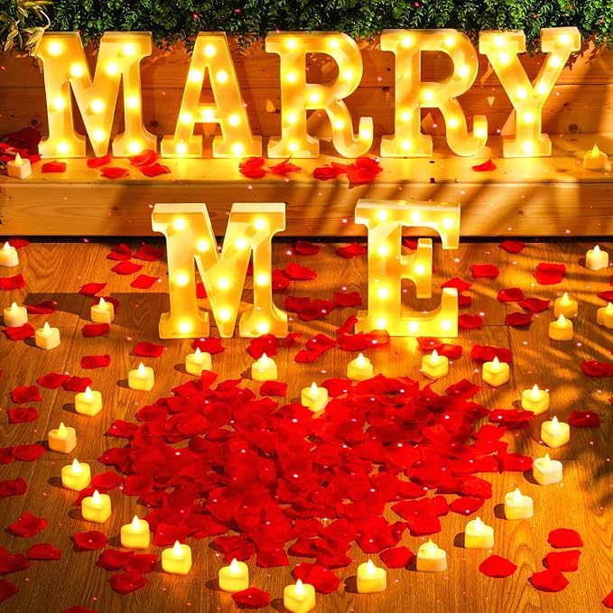 Hortsun Marry Me Light up Letters Proposal Decorations Will You Marry Me Sign Rose Petals 24 LED Candles Romantic Night Light for Proposal Engagement Wedding Anniversary Valentine's Day(Red)