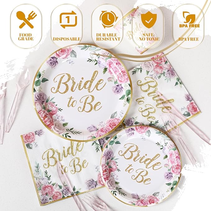 350PCS Floral Bridal Shower Decorations for 50 Guests Include Paper Plate, Napkin, Cup and Disposable Plastic Tableware